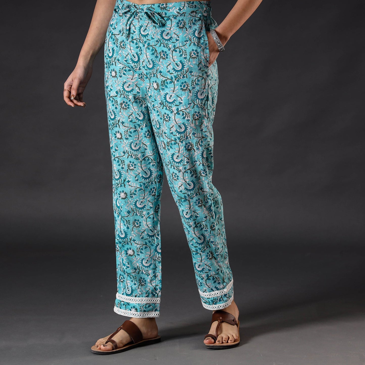 Buy Sky Blue Sanganeri Block Printing Cotton Pant Online