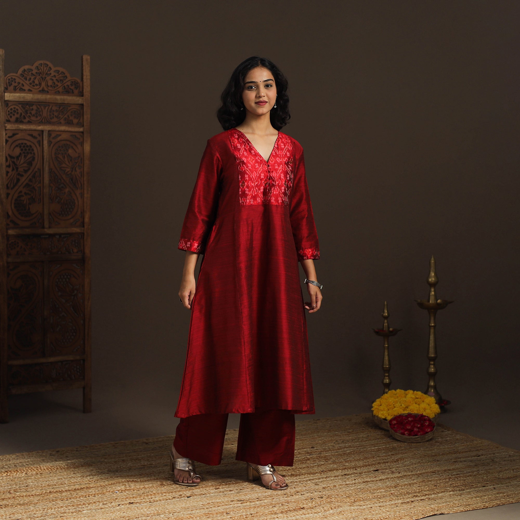 Slub Silk A-Line Plain Long Kurta with Ikat Patch 01