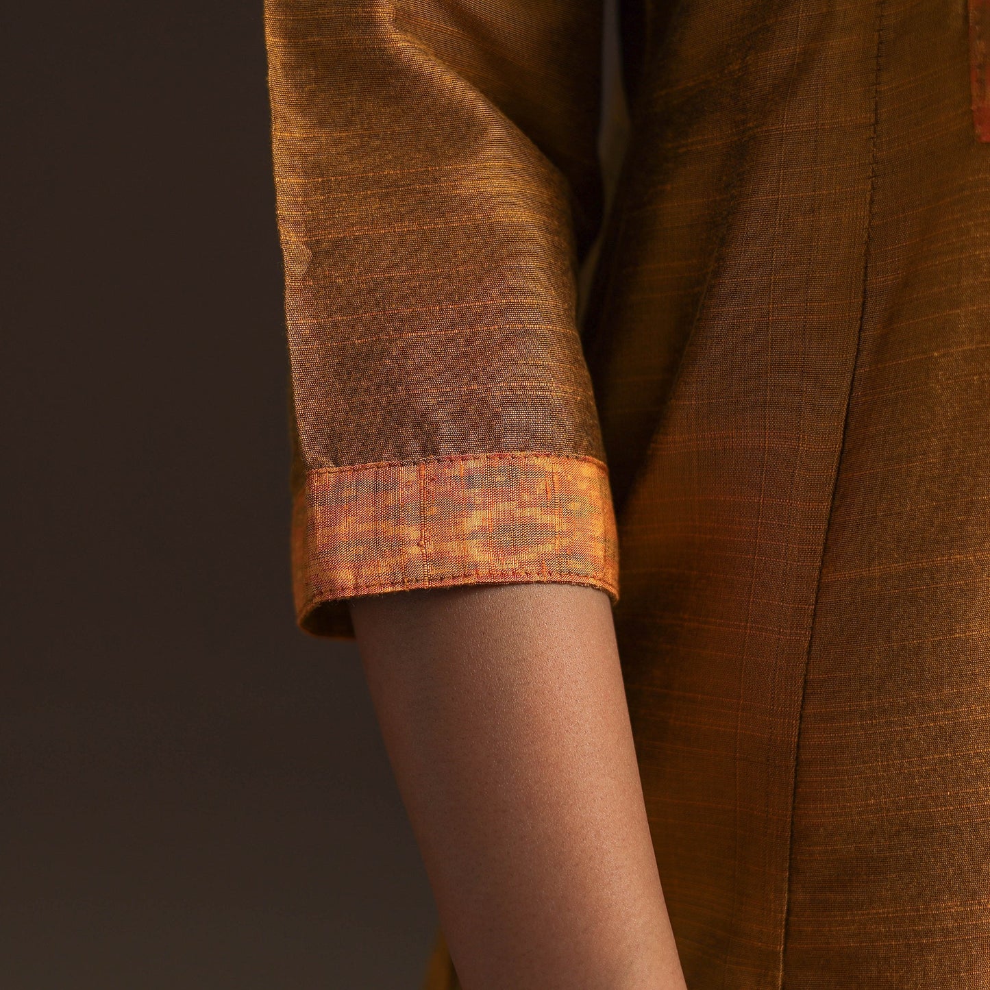 Slub silk a-line plain kurta with ikat patch 02