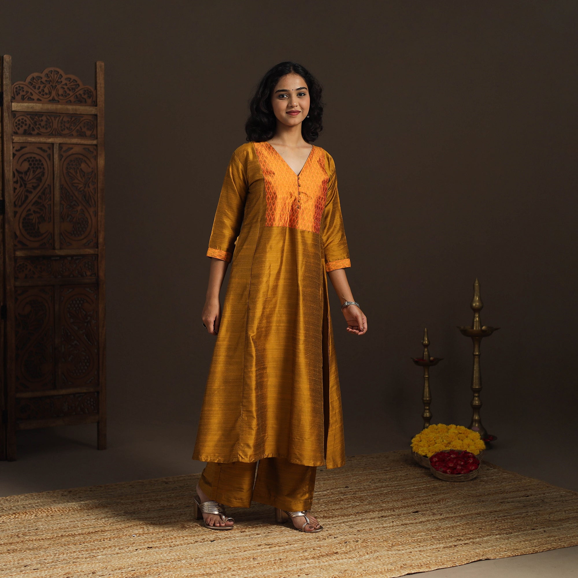 Slub Silk A-Line Plain Long Kurta with Ikat Patch 02