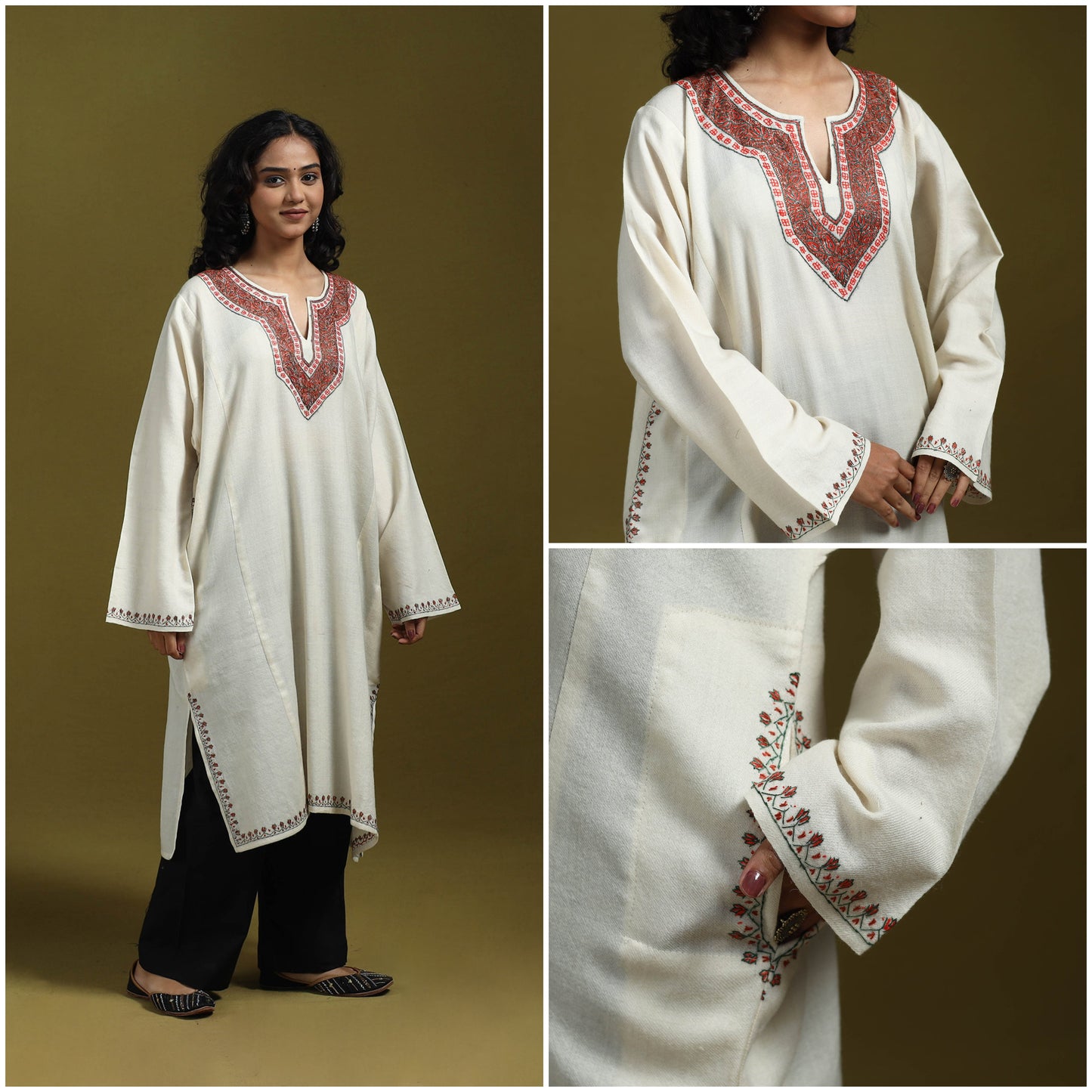Sozni hand embroidered kashmiri merino wool pheran 02