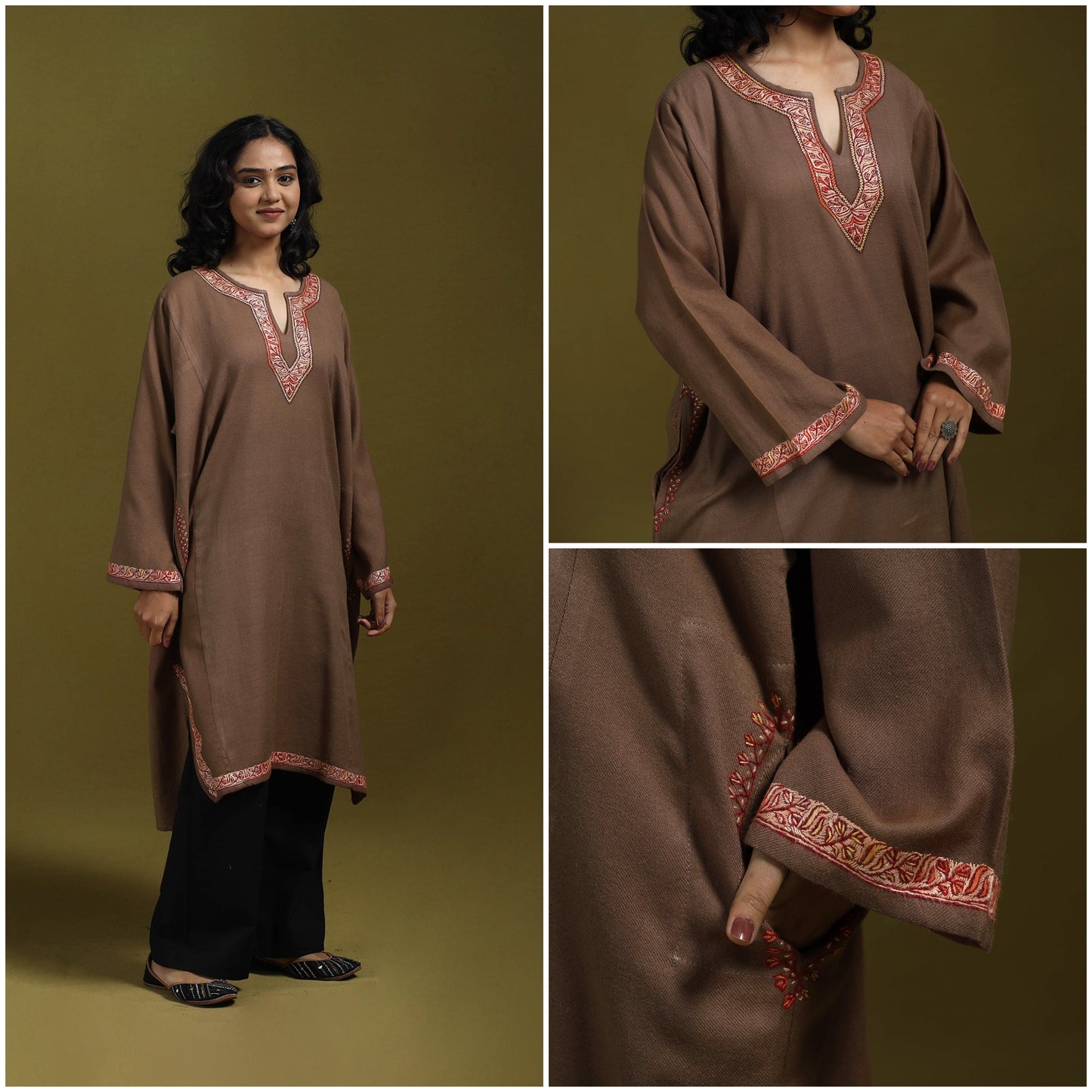 Sozni hand embroidered kashmiri merino wool pheran 06
