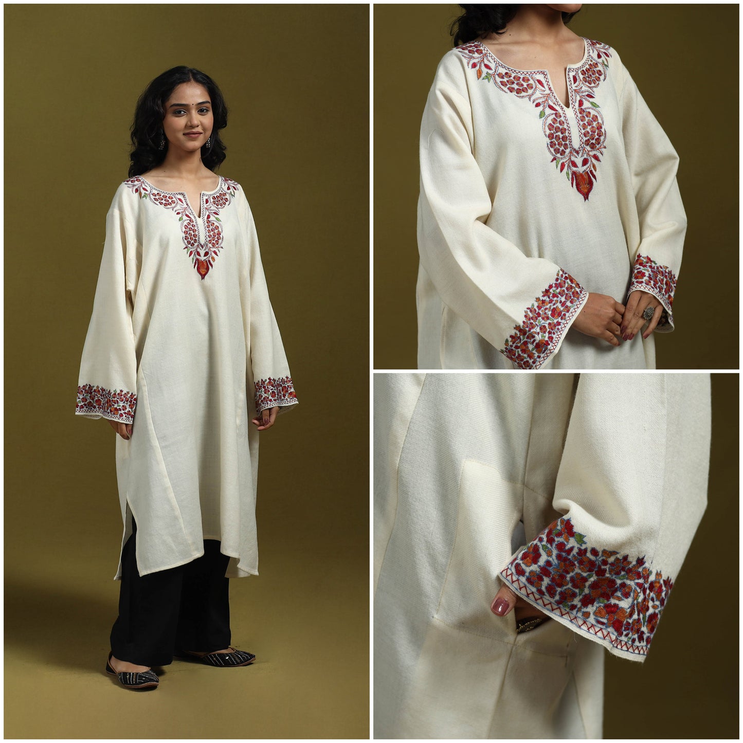 Sozni hand embroidered kashmiri merino wool pheran 09