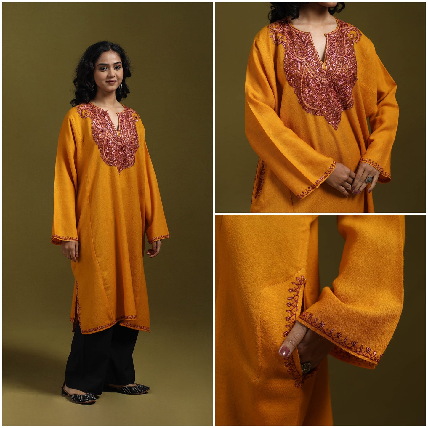 Sozni hand embroidered kashmiri merino wool pheran 12