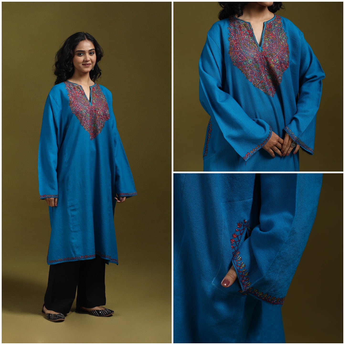 Sozni hand embroidered kashmiri merino wool pheran 22
