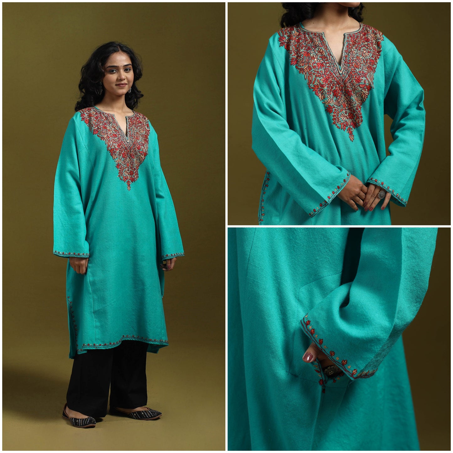 Sozni hand embroidered kashmiri merino wool pheran 28