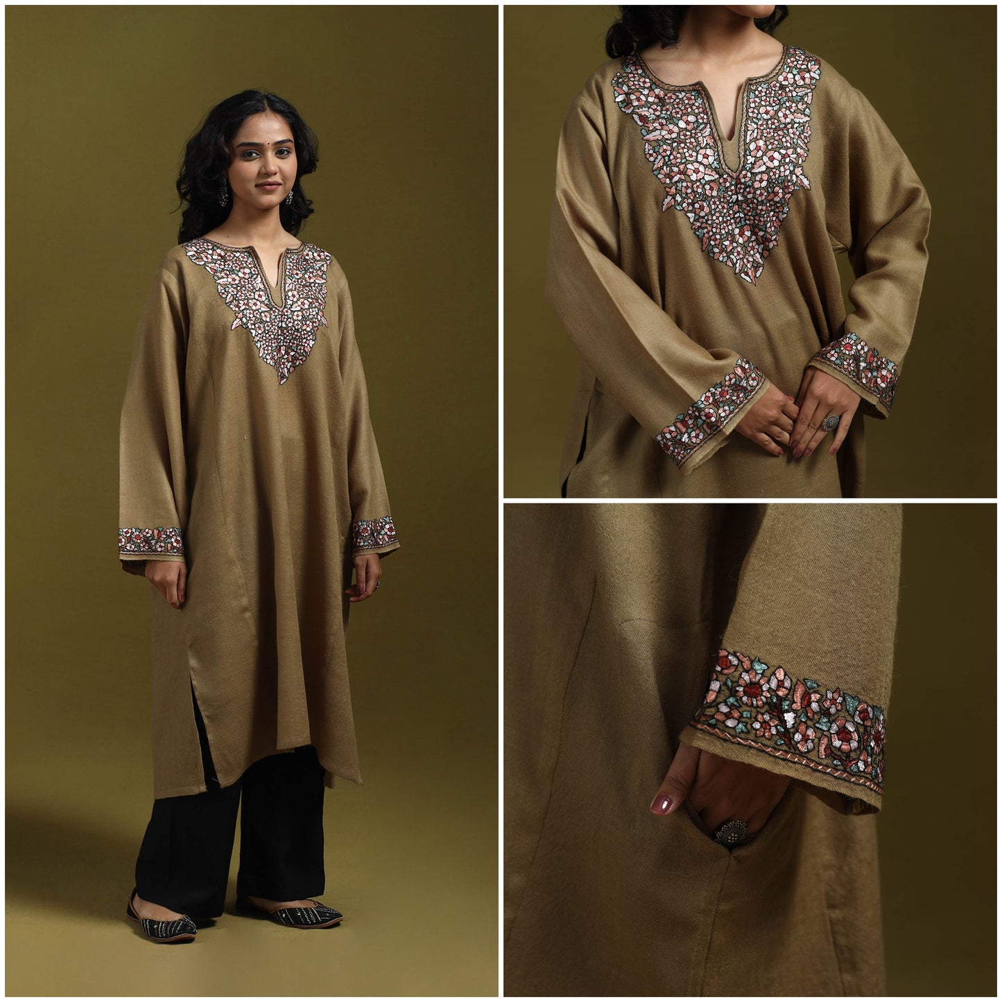 Sozni hand embroidered kashmiri merino wool pheran 29
