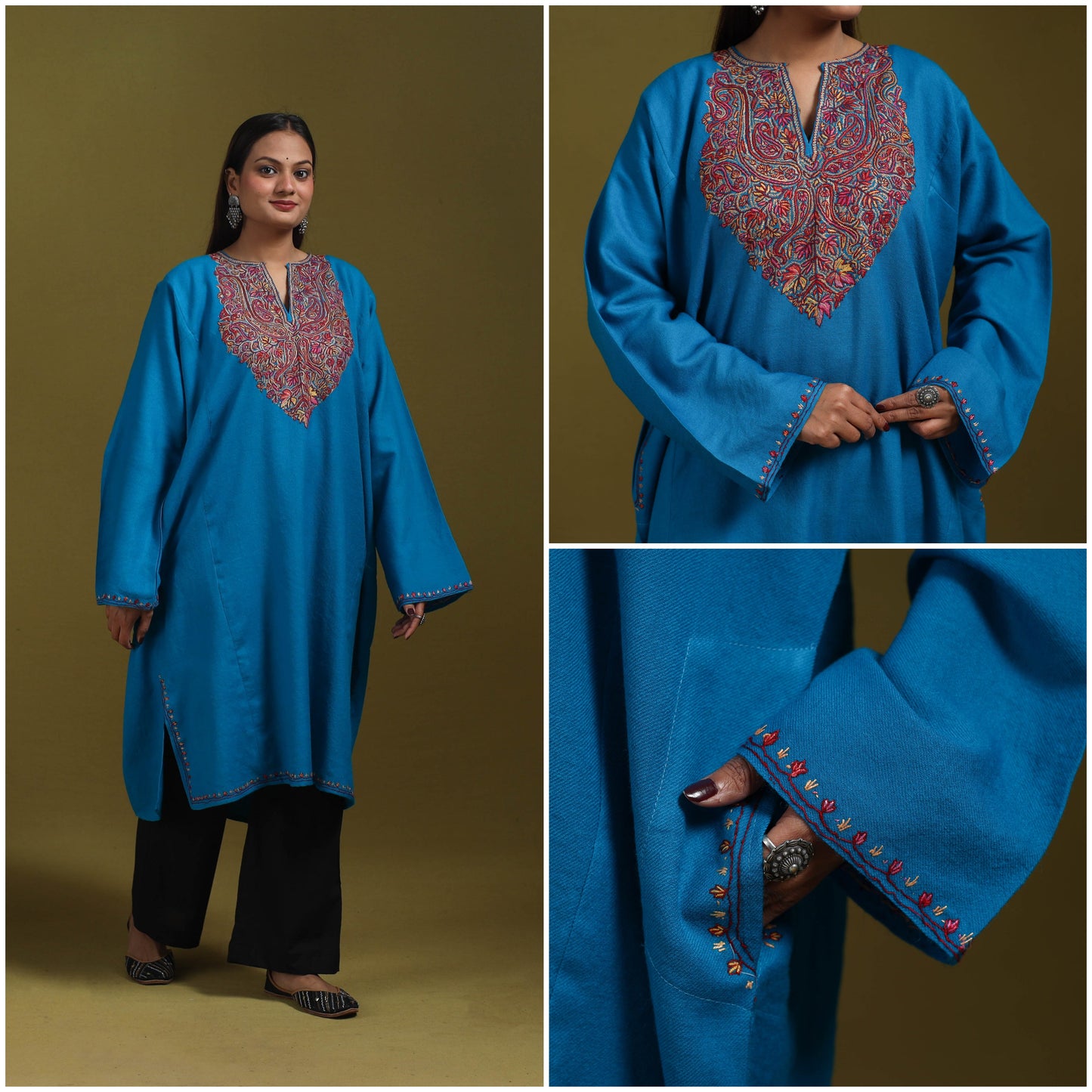 Sozni hand embroidered kashmiri merino wool pheran 51