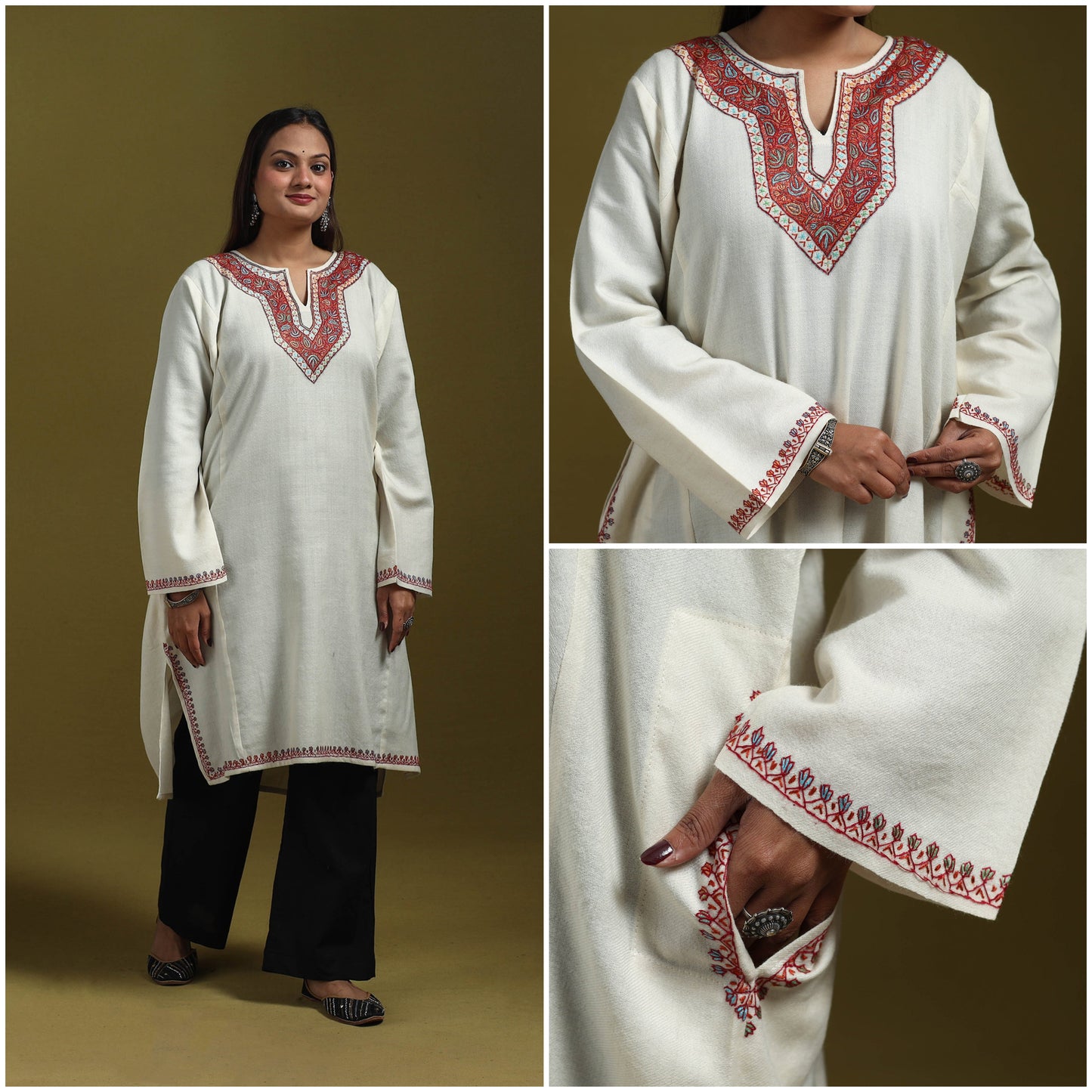 Sozni hand embroidered kashmiri merino wool pheran 54