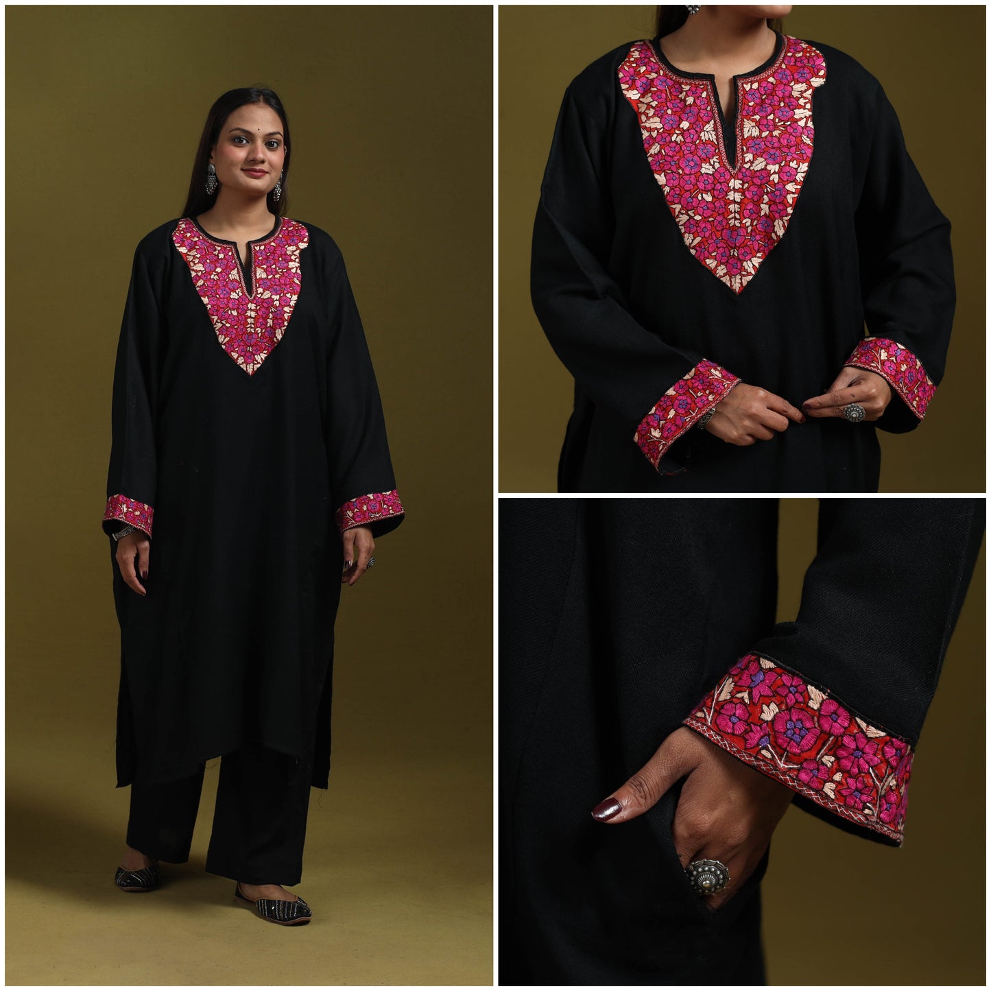 Sozni hand embroidered kashmiri merino wool pheran 55
