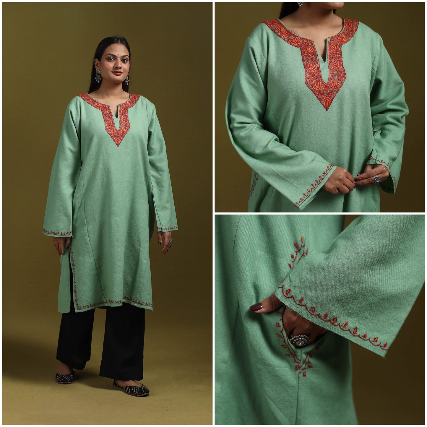 Sozni hand embroidered kashmiri merino wool pheran 58