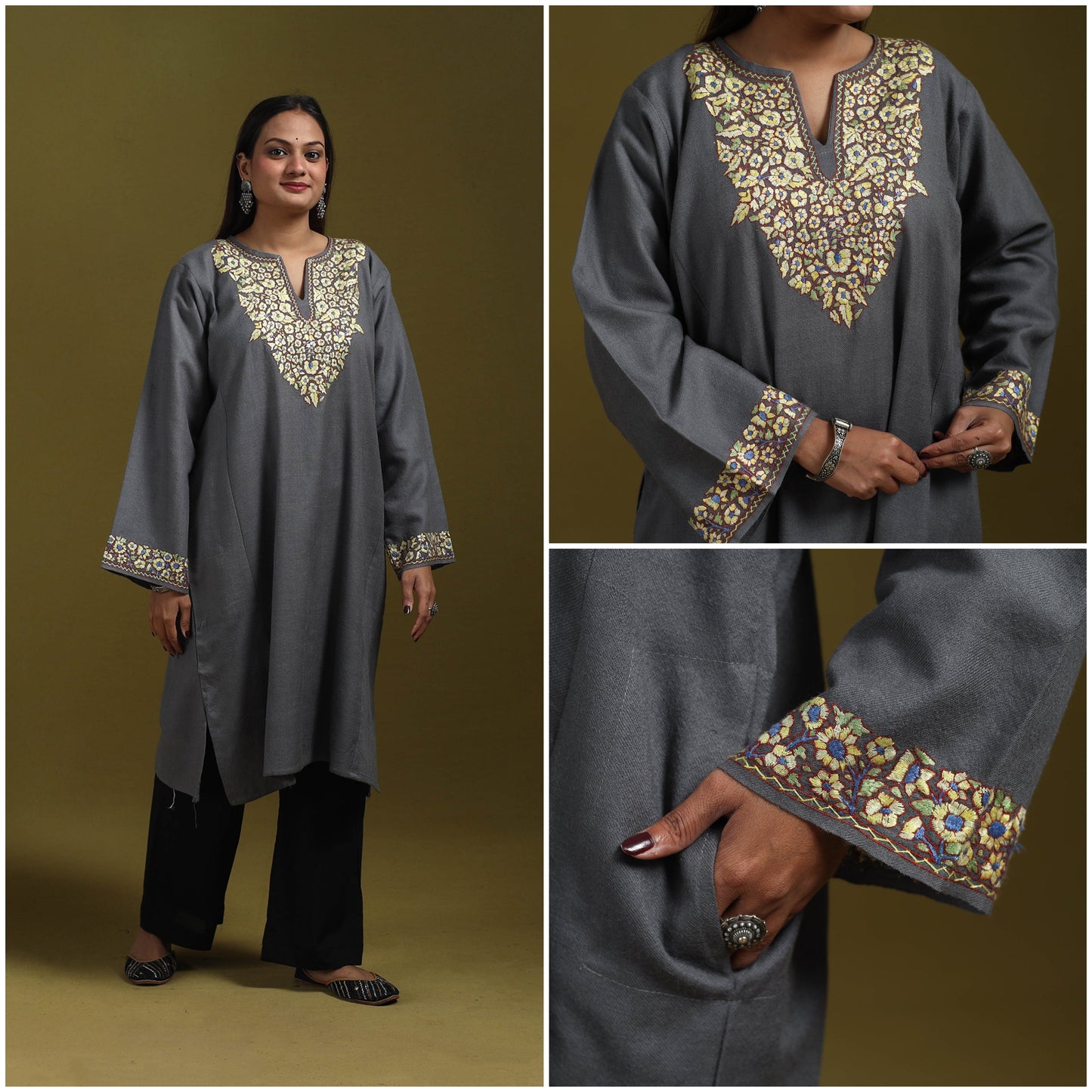 Sozni hand embroidered kashmiri merino wool pheran 59