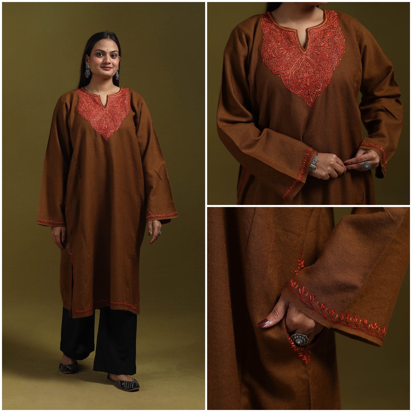 Sozni hand embroidered kashmiri merino wool pheran 64