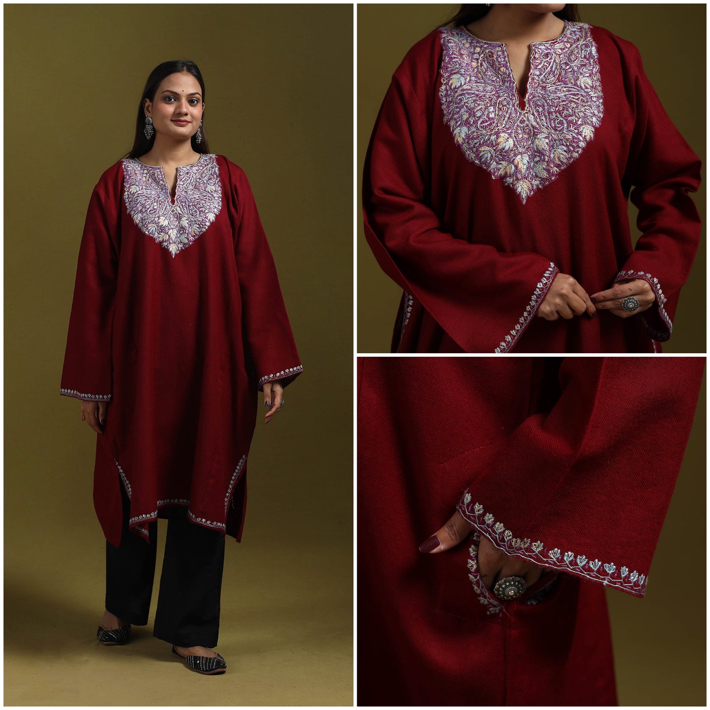 Sozni hand embroidered kashmiri merino wool pheran 67