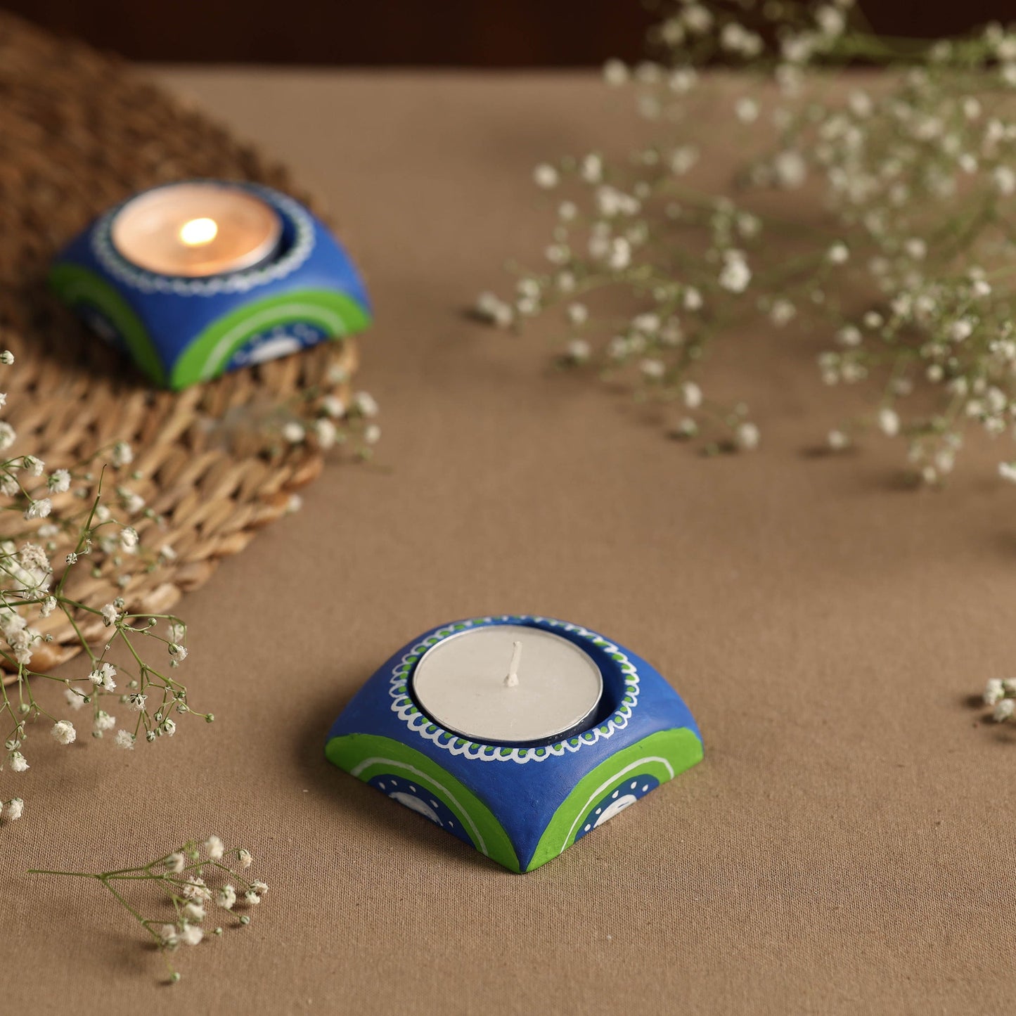 Hexagon - Handpainted Clay Candle Holders (Set of 2) Online in India l iTokri.com