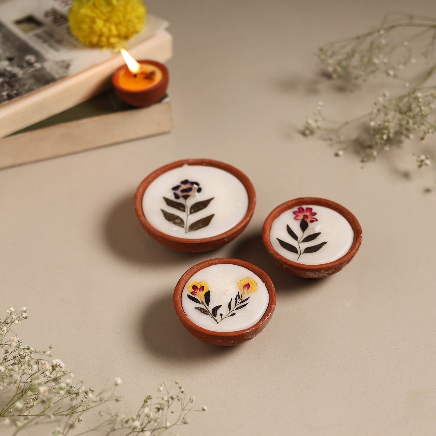 Sri aurobindo ashram clay diya with wax (set of 3) 05