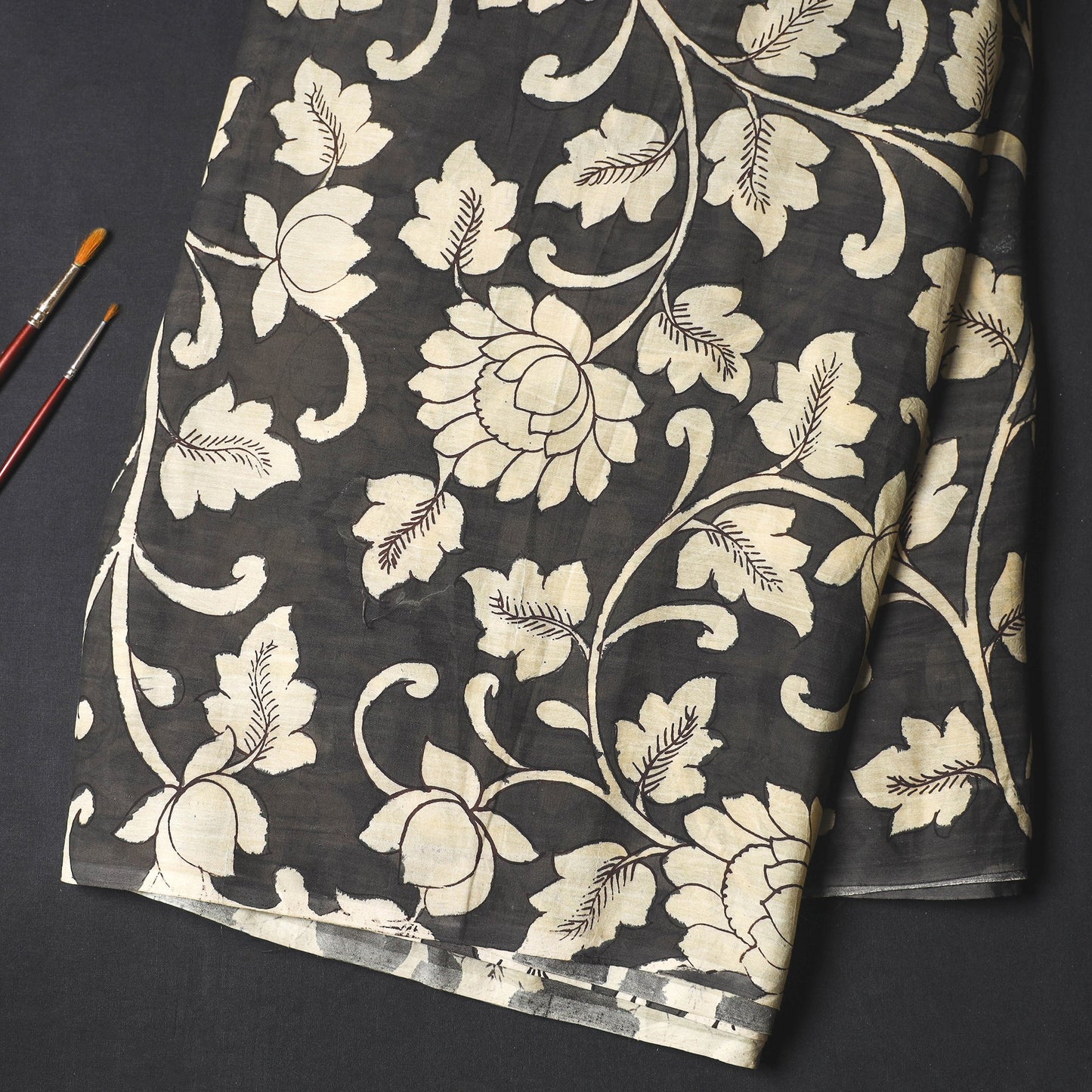 Srikalahasti Kalamkari Handpainted Pen Work Chanderi Silk Handloom Fabric 06