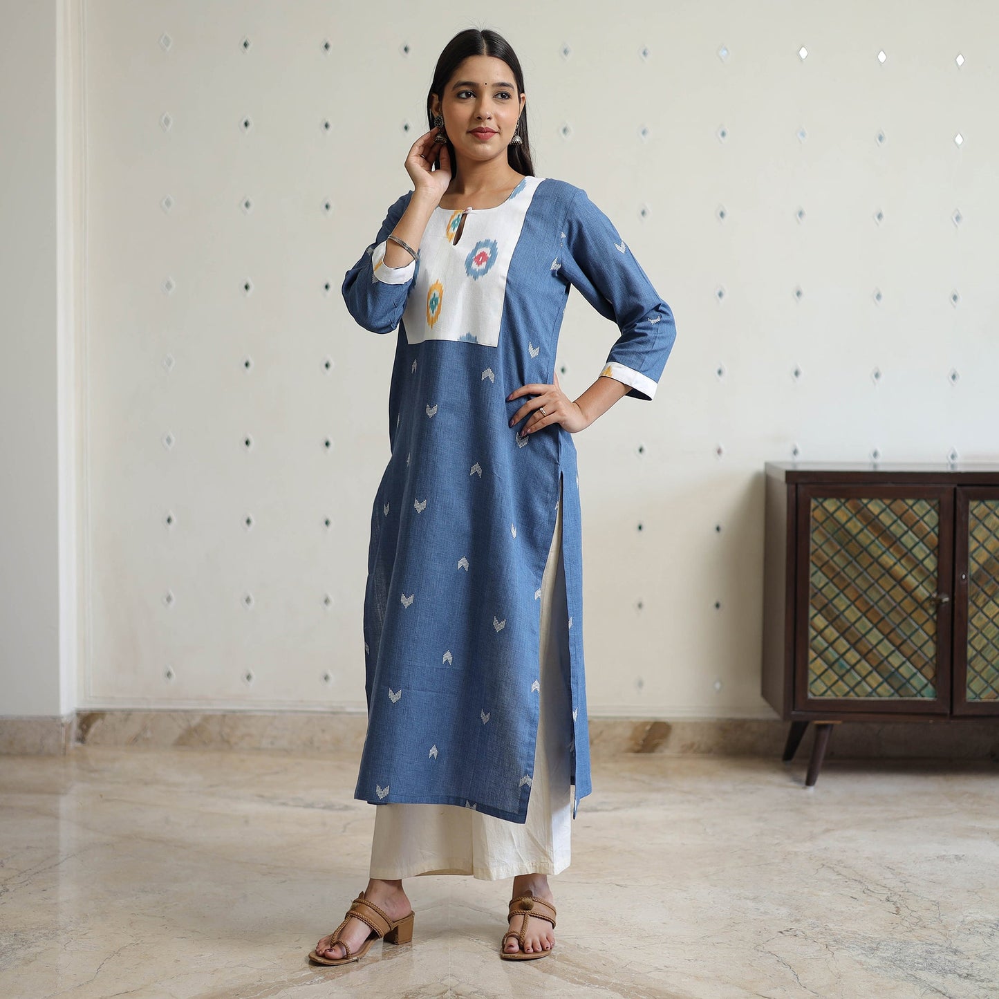 Jacquard Weave Cotton Kurta with Ikat Patchwork 18