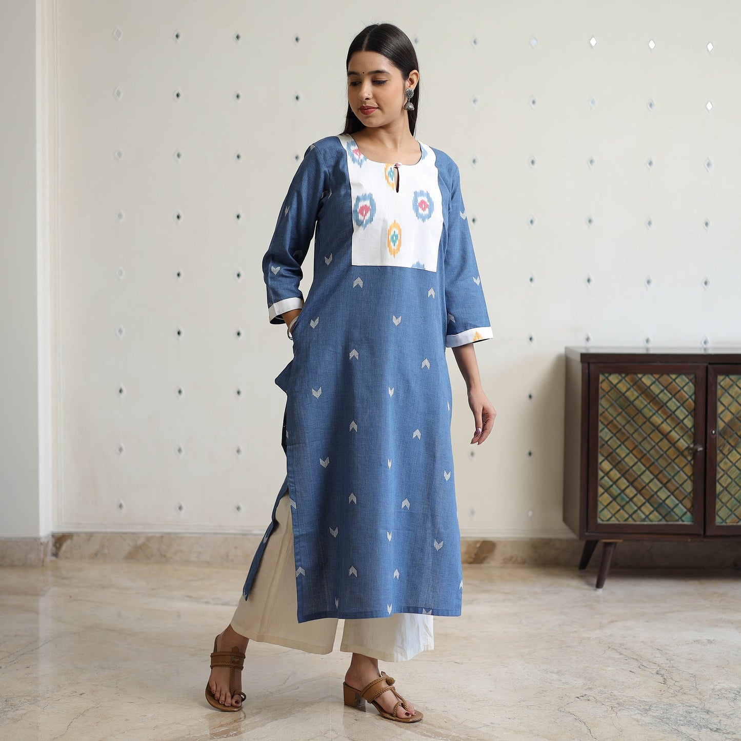 Jacquard Weave Cotton Kurta with Ikat Patchwork 18