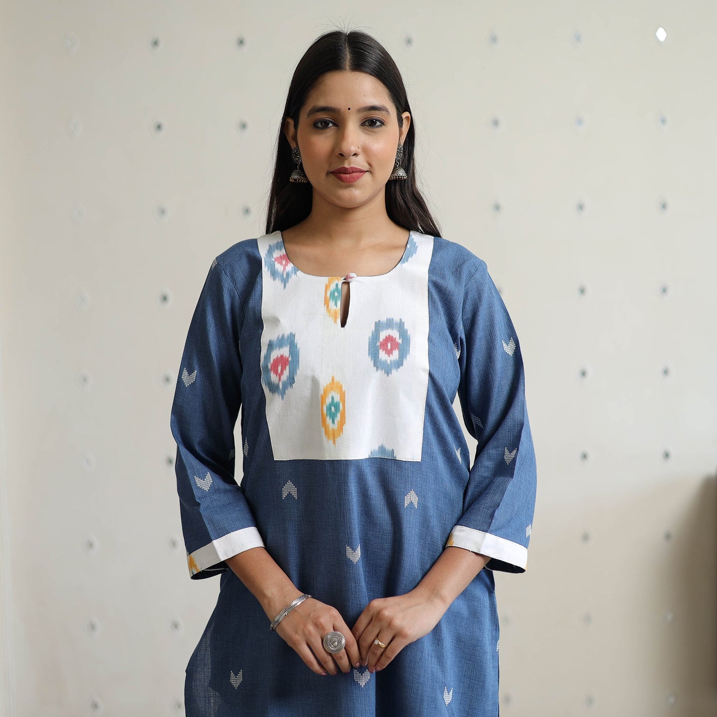 Jacquard Weave Cotton Kurta with Ikat Patchwork 18