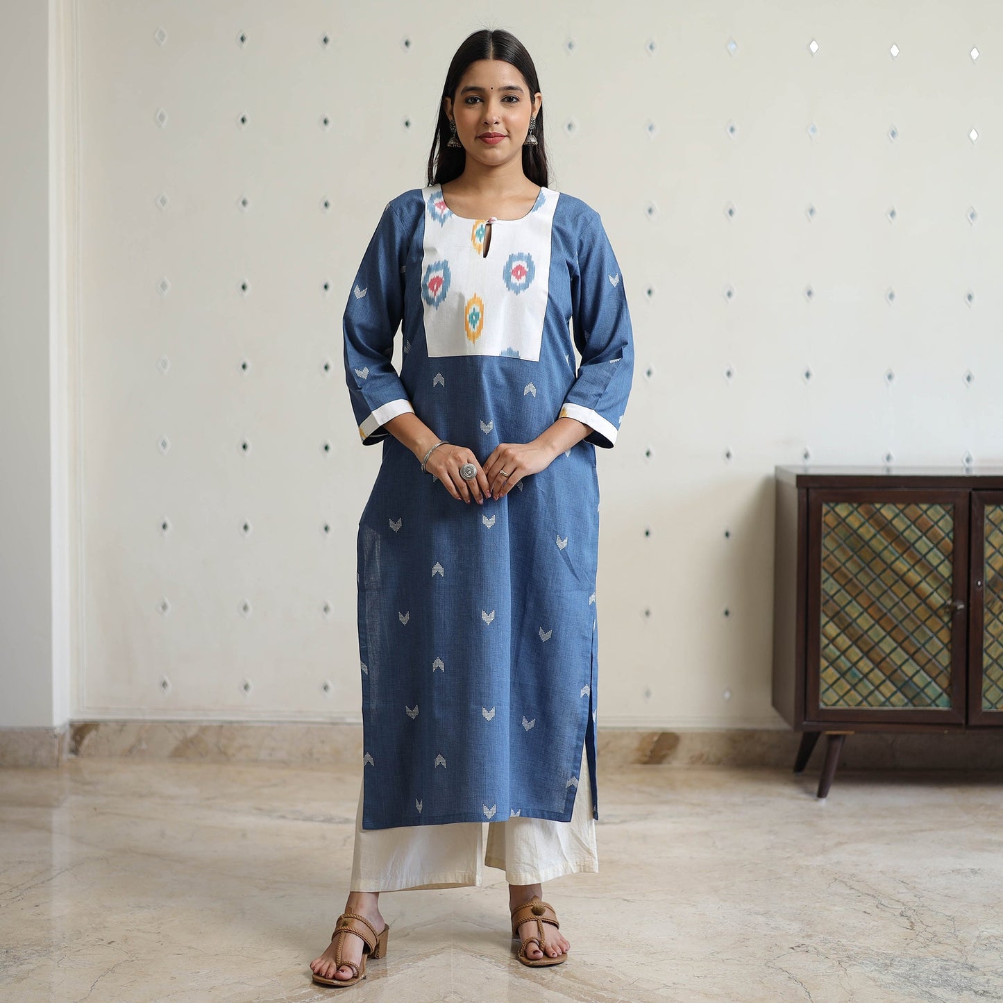 Jacquard Weave Cotton Kurta with Ikat Patchwork 18