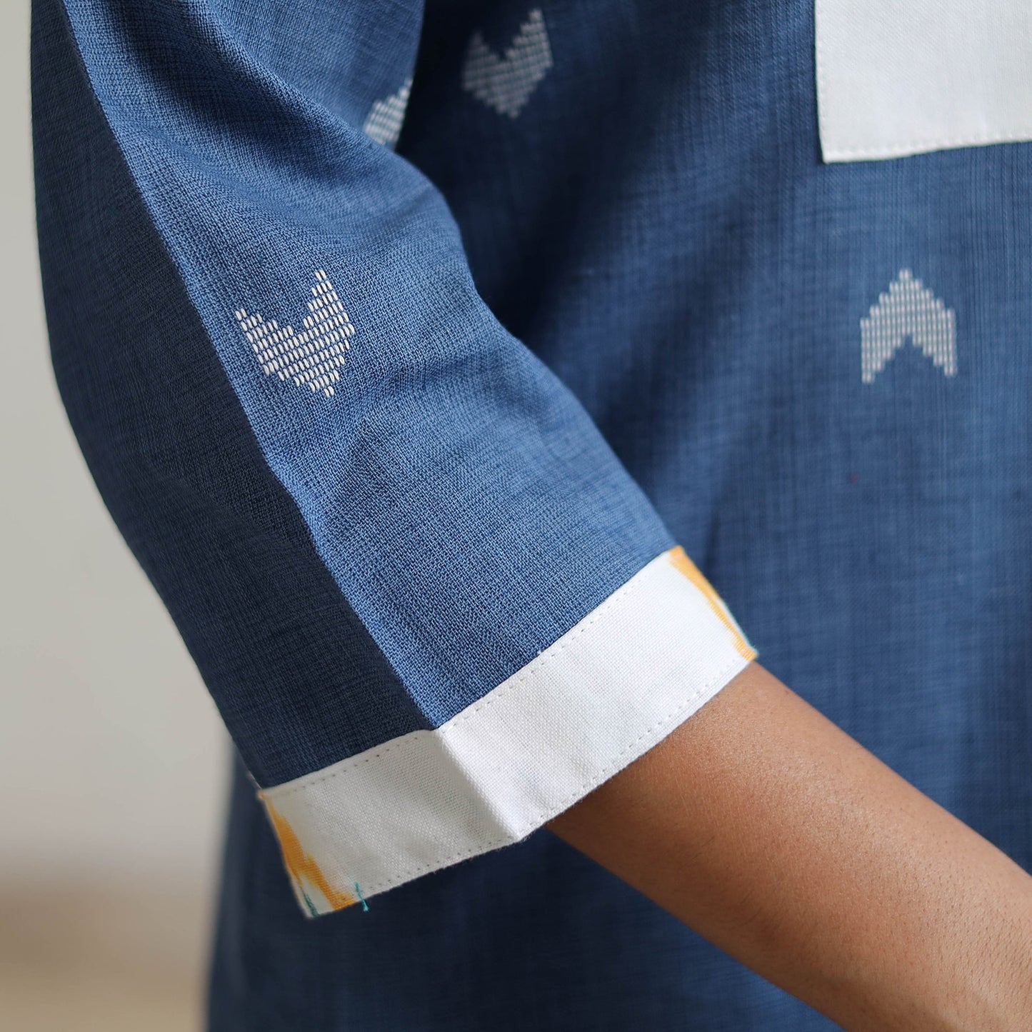 Jacquard Weave Cotton Kurta with Ikat Patchwork 18