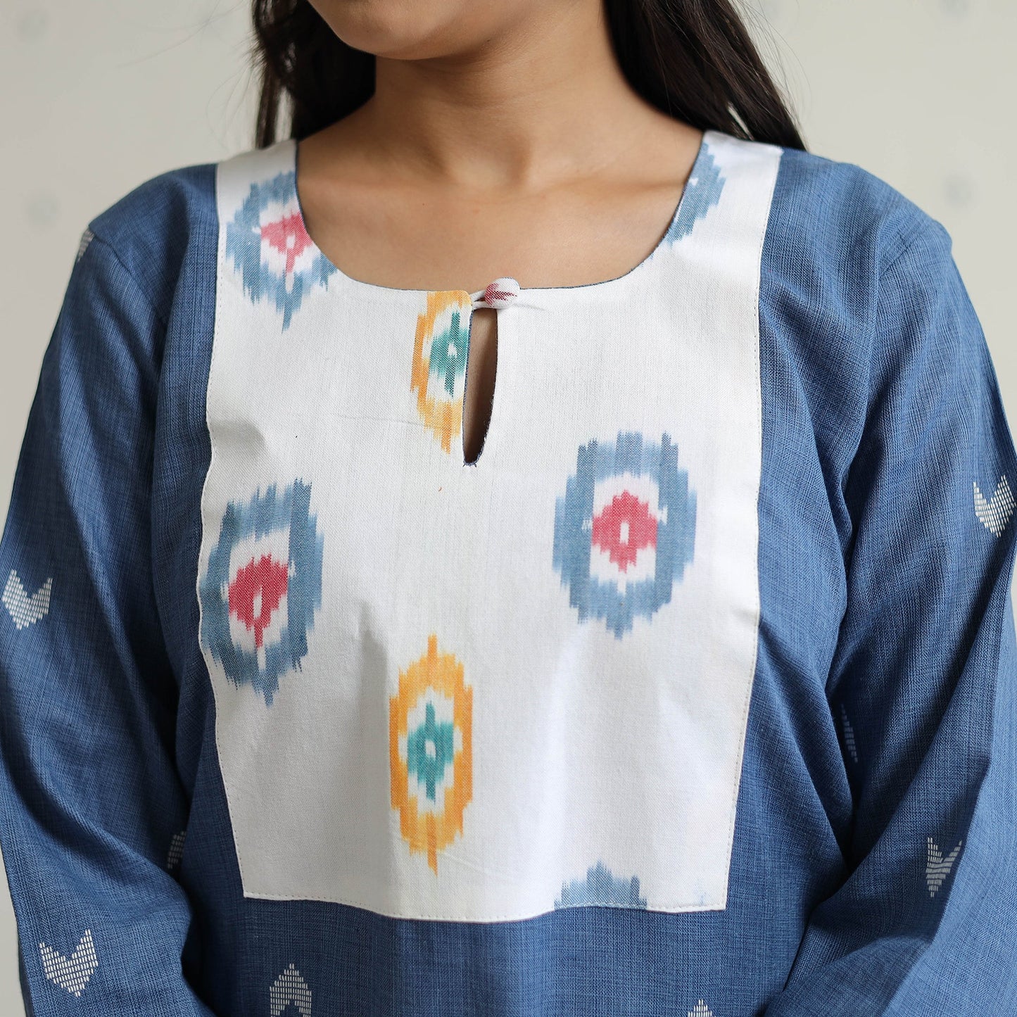Jacquard Weave Cotton Kurta with Ikat Patchwork 18