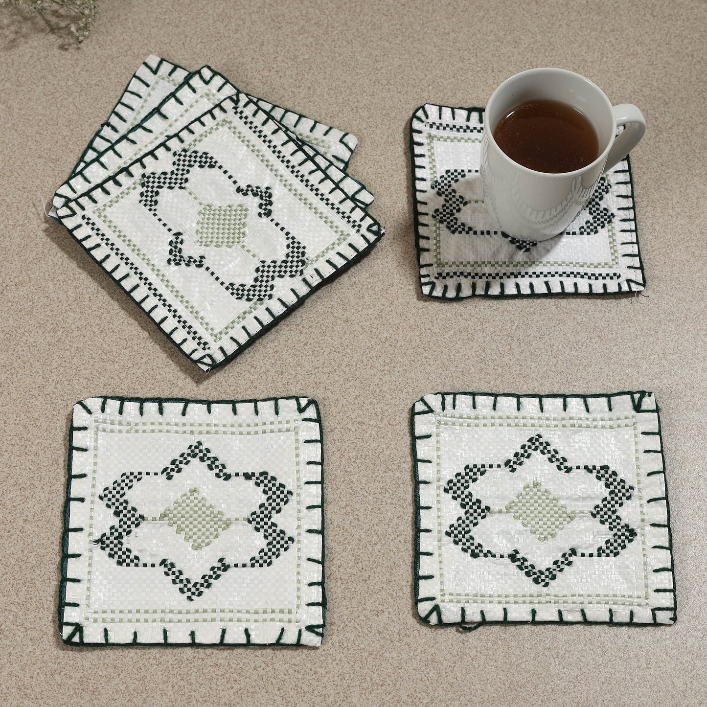 Taat Wool Thread Hand Embroidered Upcycled Coasters