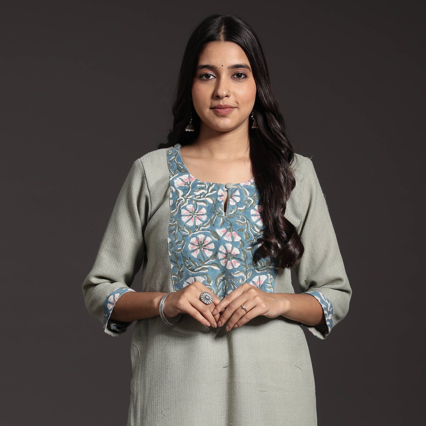 Buy Kumaun Handwoven Merino Wool with Sanganeri Patchwork Long Kurta Online at iTokri.com