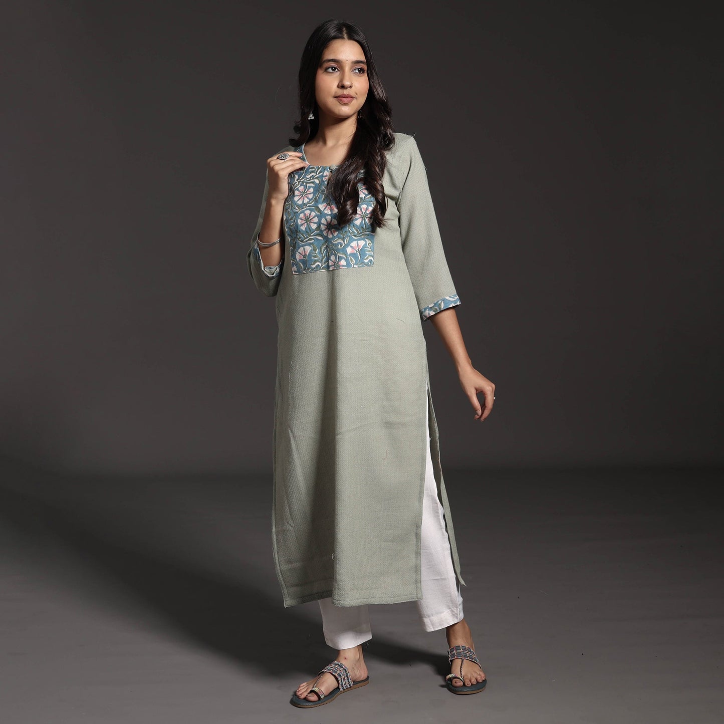 Buy Kumaun Handwoven Merino Wool with Sanganeri Patchwork Long Kurta Online at iTokri.com