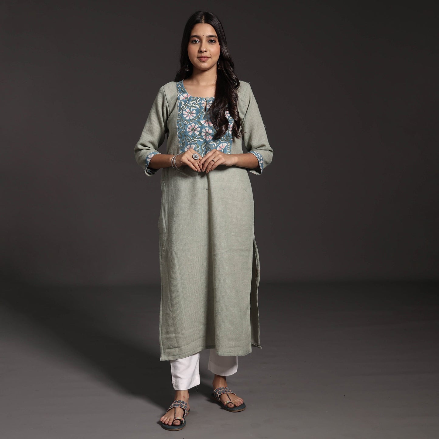 Buy Kumaun Handwoven Merino Wool with Sanganeri Patchwork Long Kurta Online at iTokri.com
