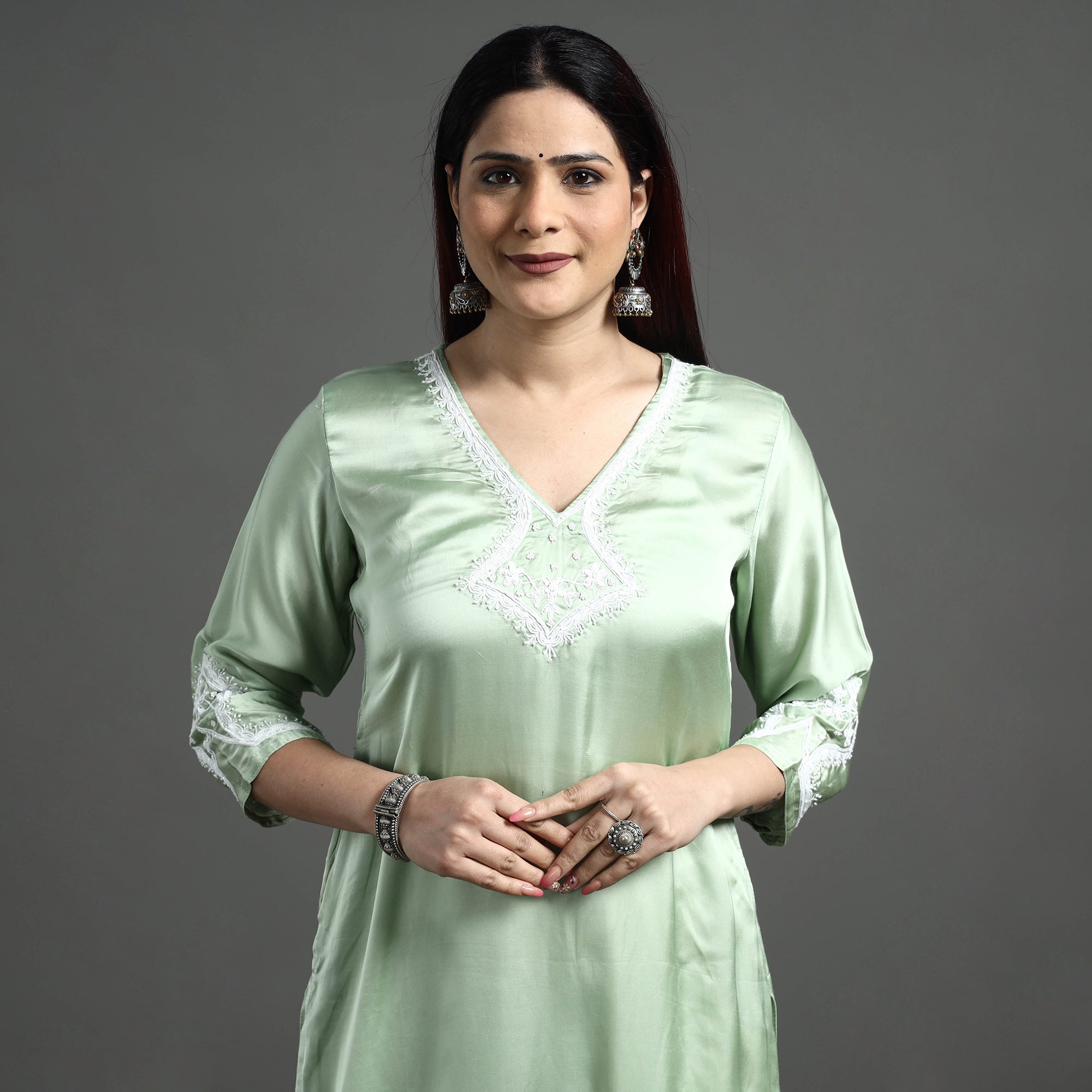 Tea Green Modal Silk Noori Hand Embroidery Long Straight Kurta