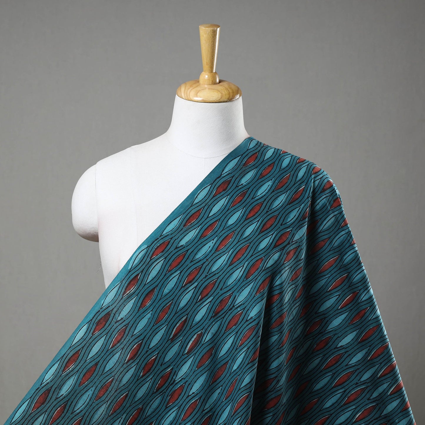 Teal Blue Block Printed Cotton Jahota Fabric