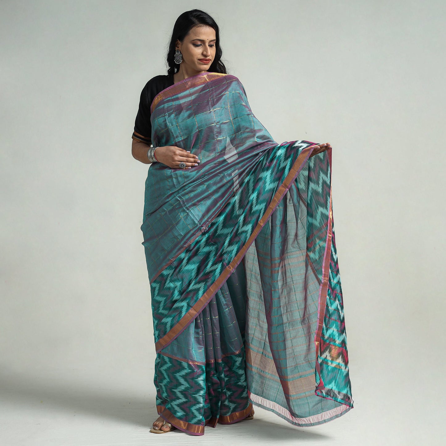 Shop Teal Blue Mangalagiri Saree Handloom Silk Cotton Beauty