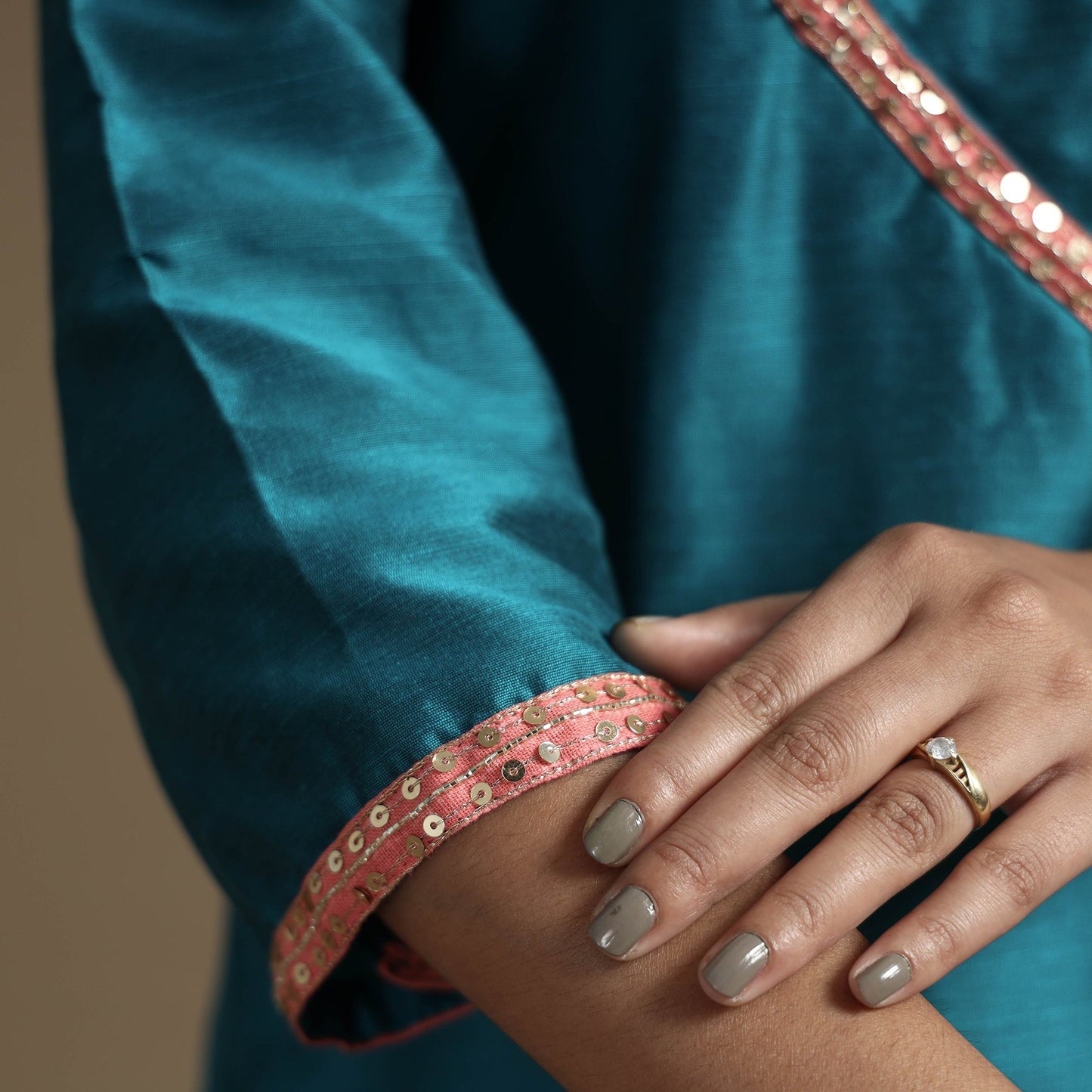 Plain Solid Slub Silk Kurta with Beadwork Hand Embroidery Lace