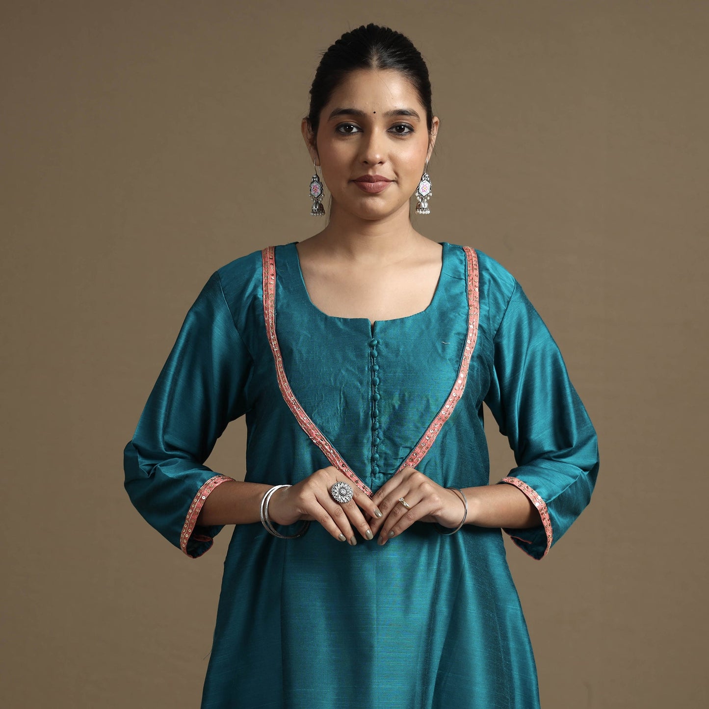 Plain Solid Slub Silk Kurta with Beadwork Hand Embroidery Lace