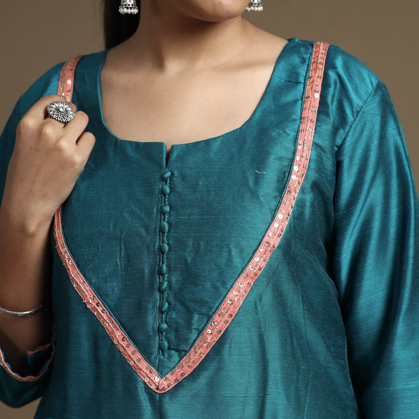 Plain Solid Slub Silk Kurta with Beadwork Hand Embroidery Lace