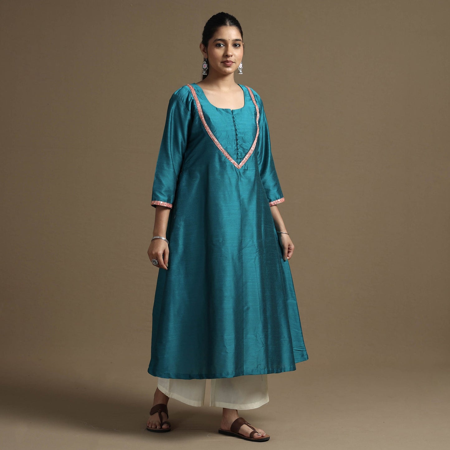 Plain Solid Slub Silk Kurta with Beadwork Hand Embroidery Lace