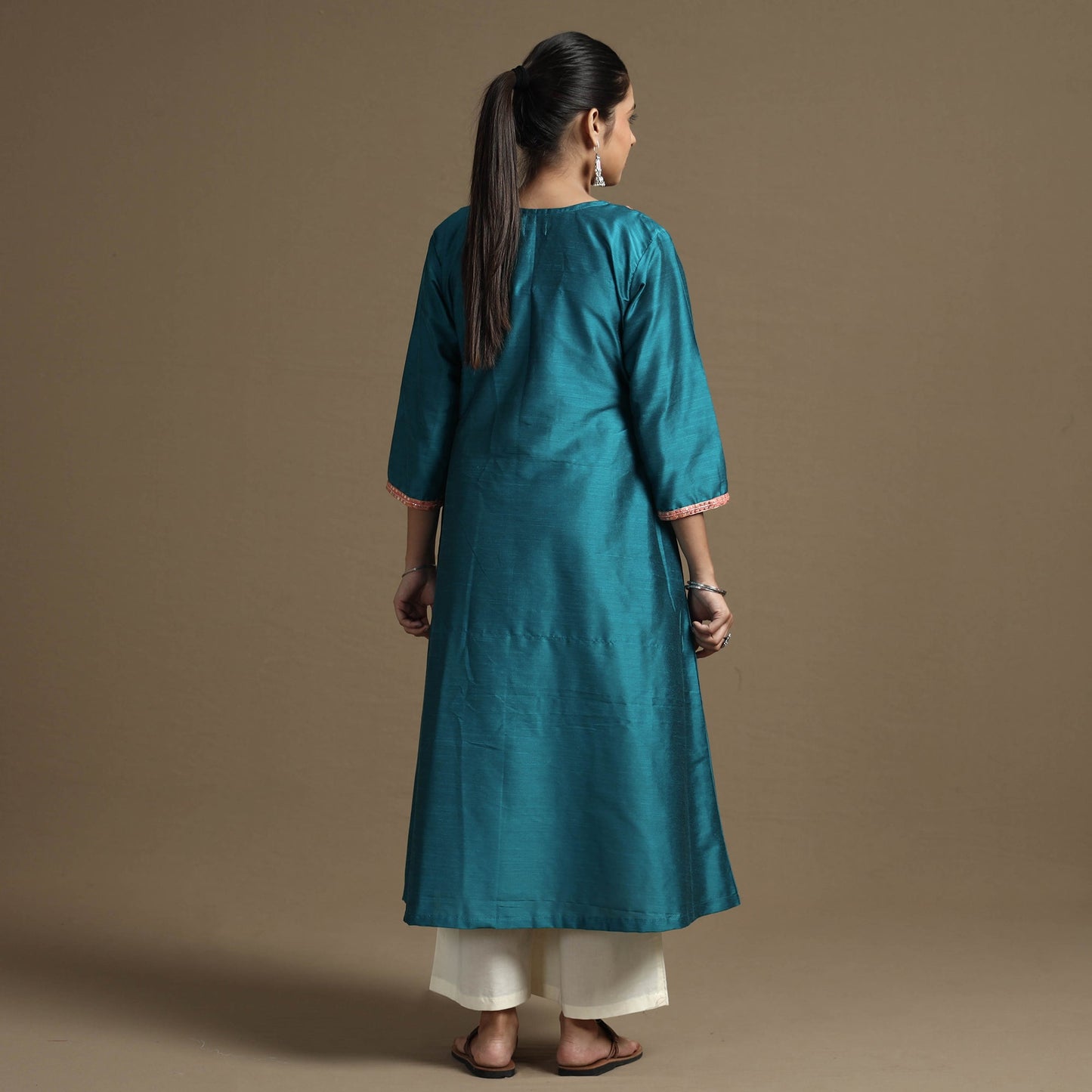 Plain Solid Slub Silk Kurta with Beadwork Hand Embroidery Lace