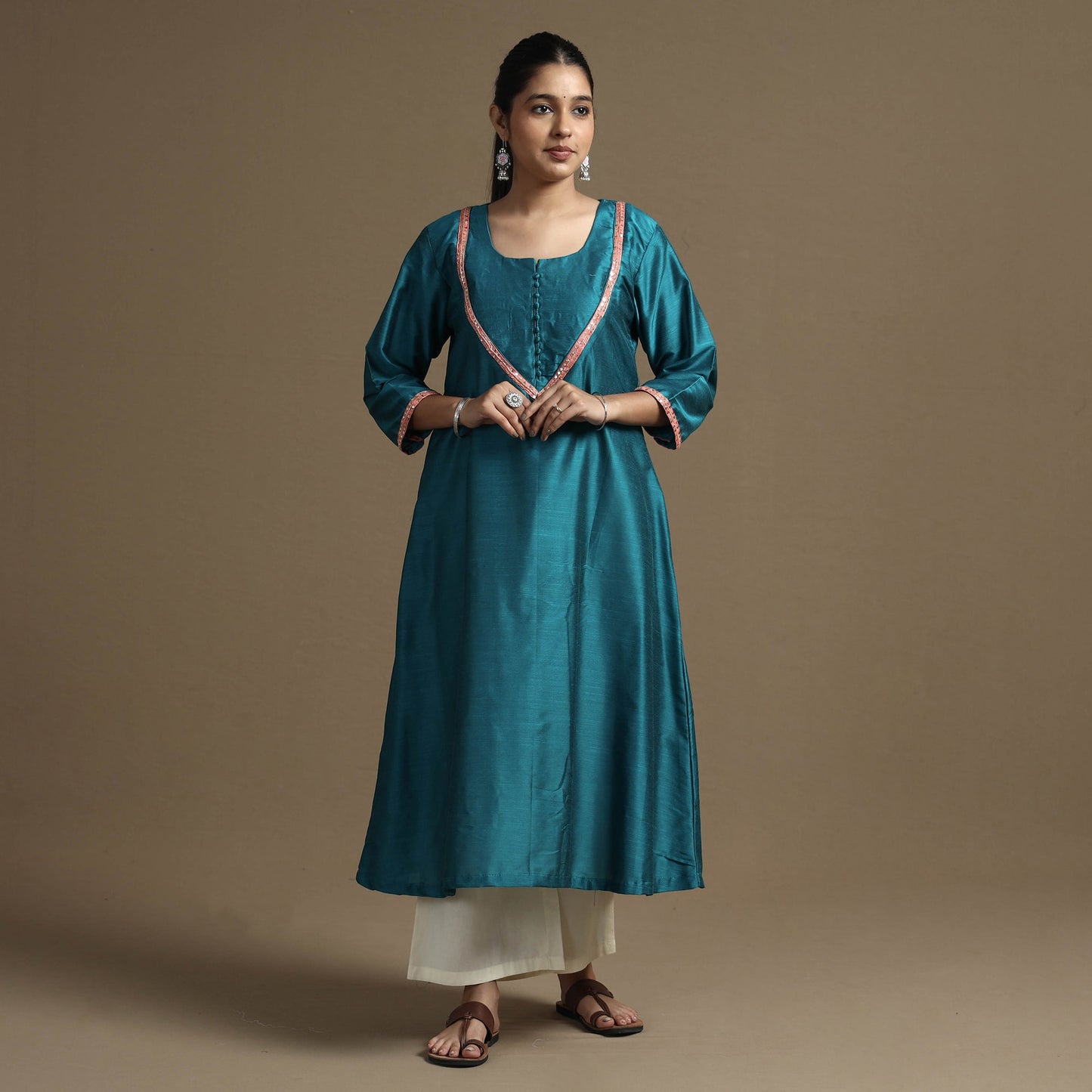 Plain Solid Slub Silk Kurta with Beadwork Hand Embroidery Lace