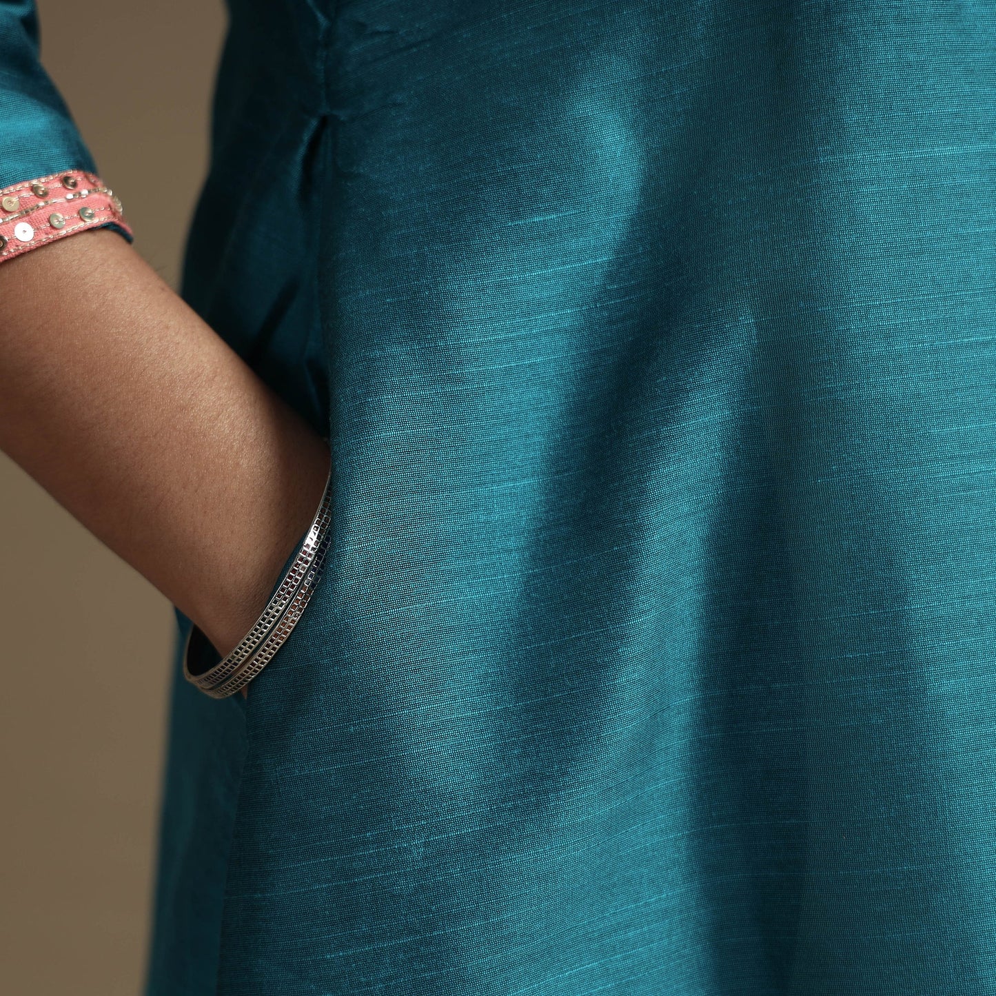 Plain Solid Slub Silk Kurta with Beadwork Hand Embroidery Lace