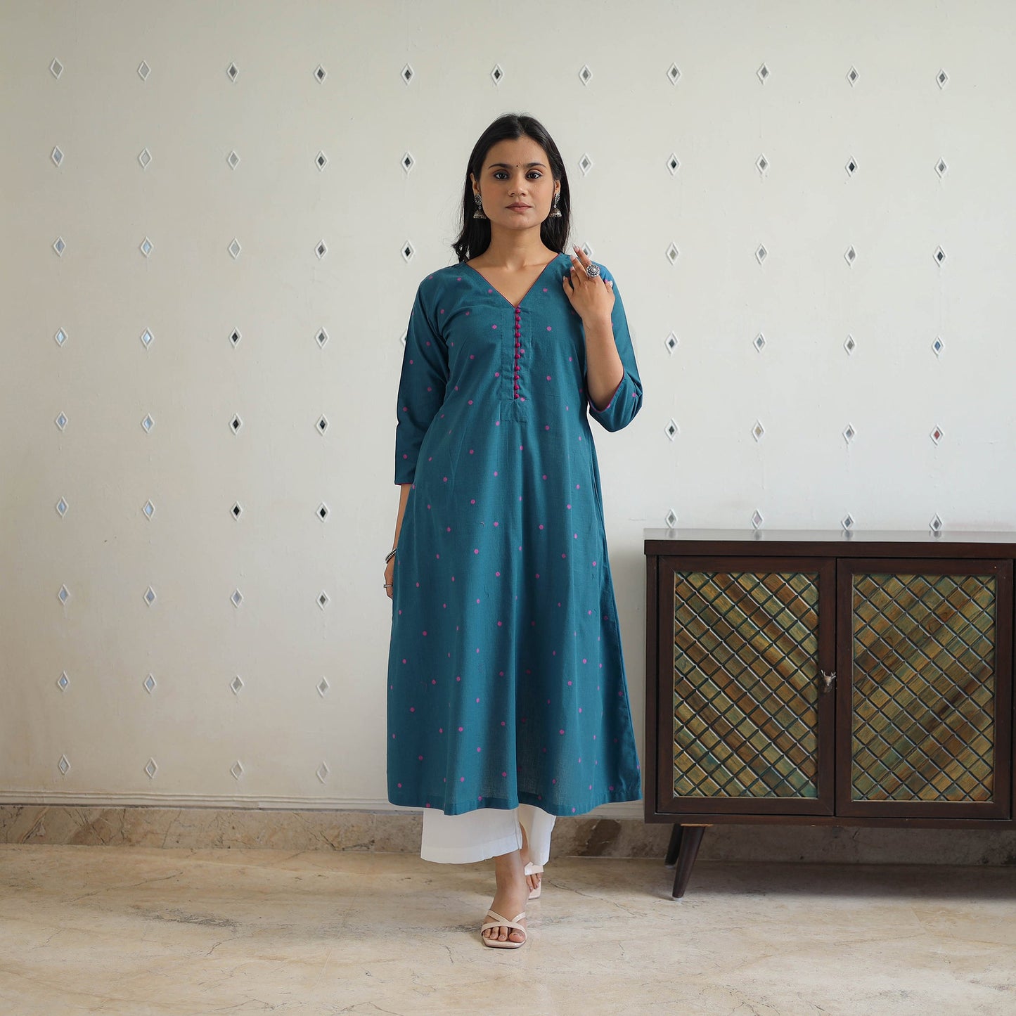 Teal Blue Pure Cotton A-Line Jacquard Kurta for Women