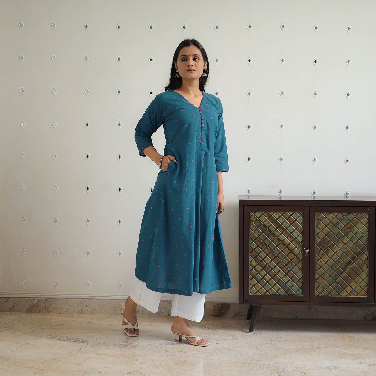 Teal Blue Pure Cotton A-Line Jacquard Kurta for Women