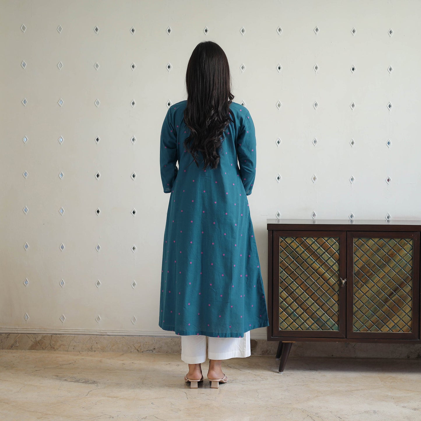 Teal Blue Pure Cotton A-Line Jacquard Kurta for Women