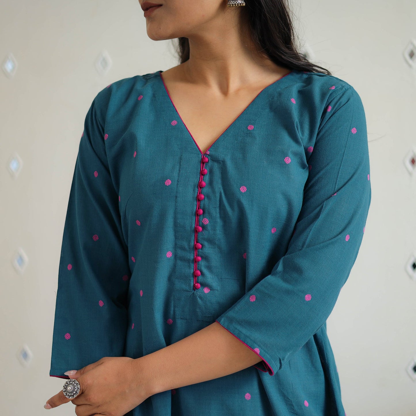 Teal Blue Pure Cotton A-Line Jacquard Kurta for Women