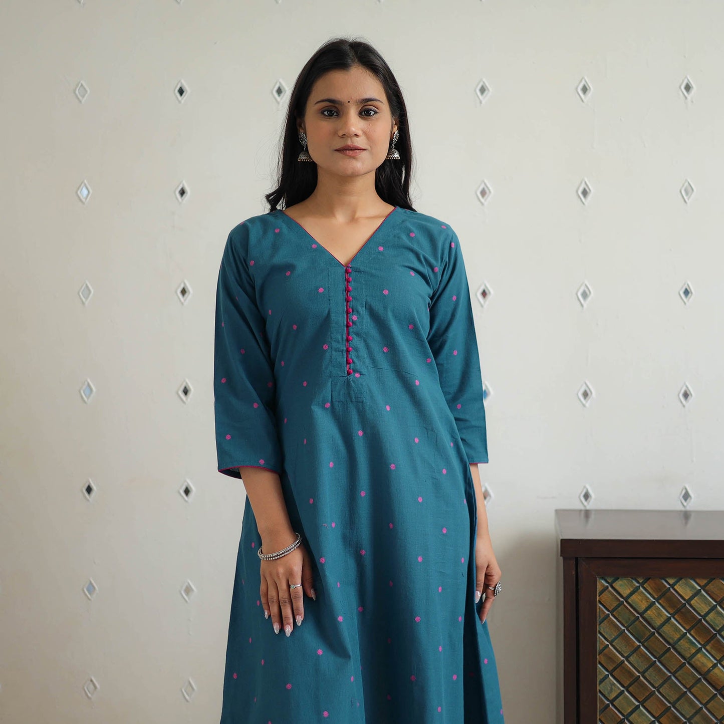 Teal Blue Pure Cotton A-Line Jacquard Kurta for Women