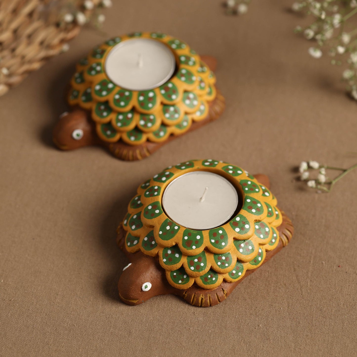 Flower - Handpainted Clay Candle Holders (Set of 2) Online in India l iTokri.com