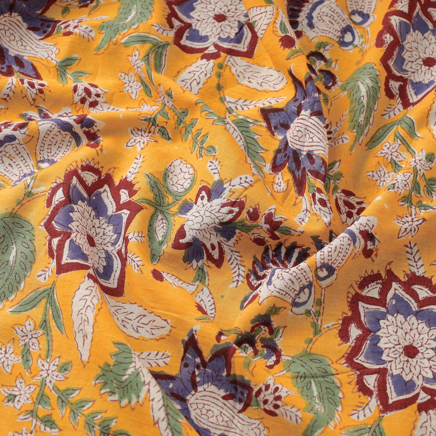 Buy Turmeric Yellow Floral Sanganeri Block Printed Cotton Fabric Online at iTokri.com