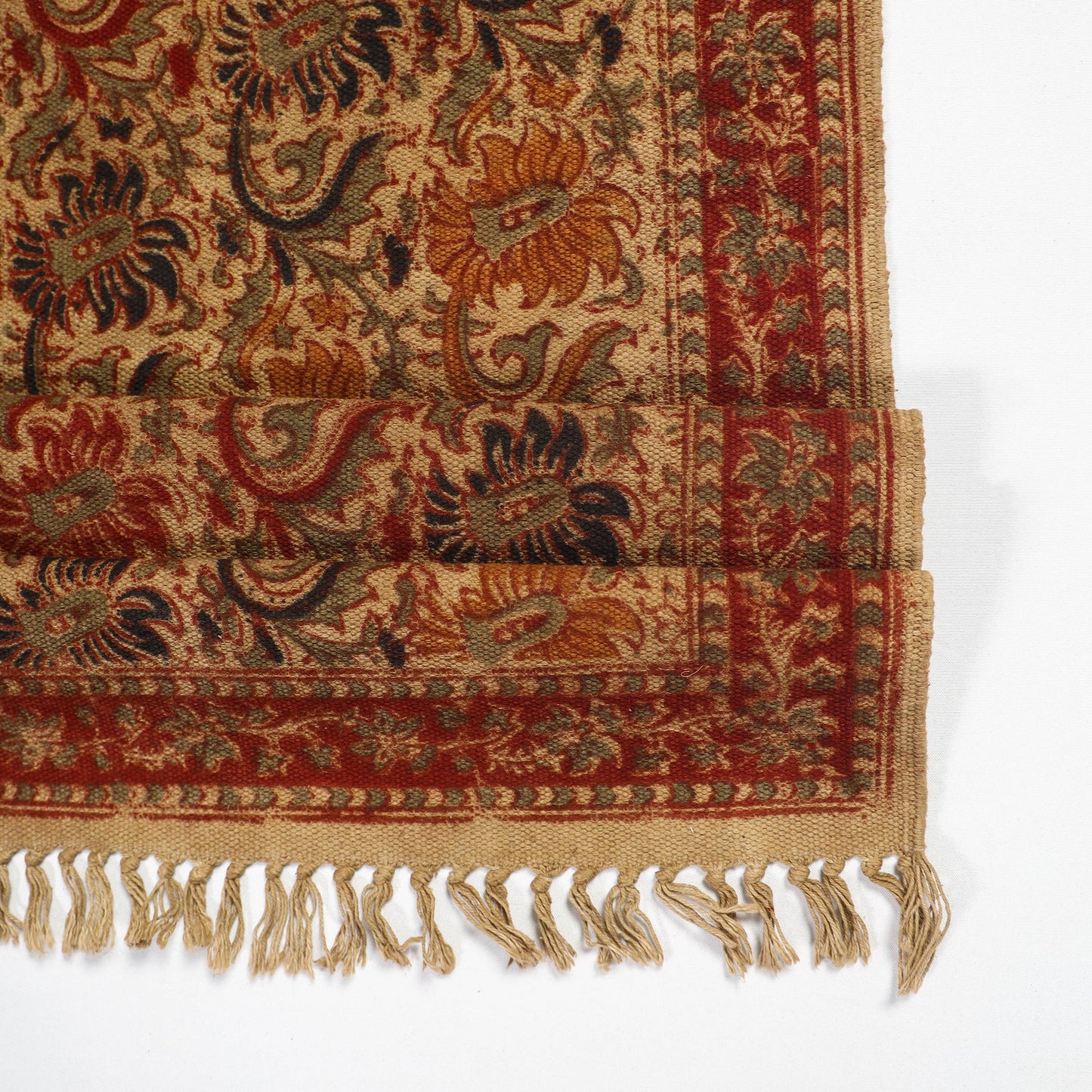 Red Warangal Weave Kalamkari Block Printed Cotton Carpet / Durrie / Rug