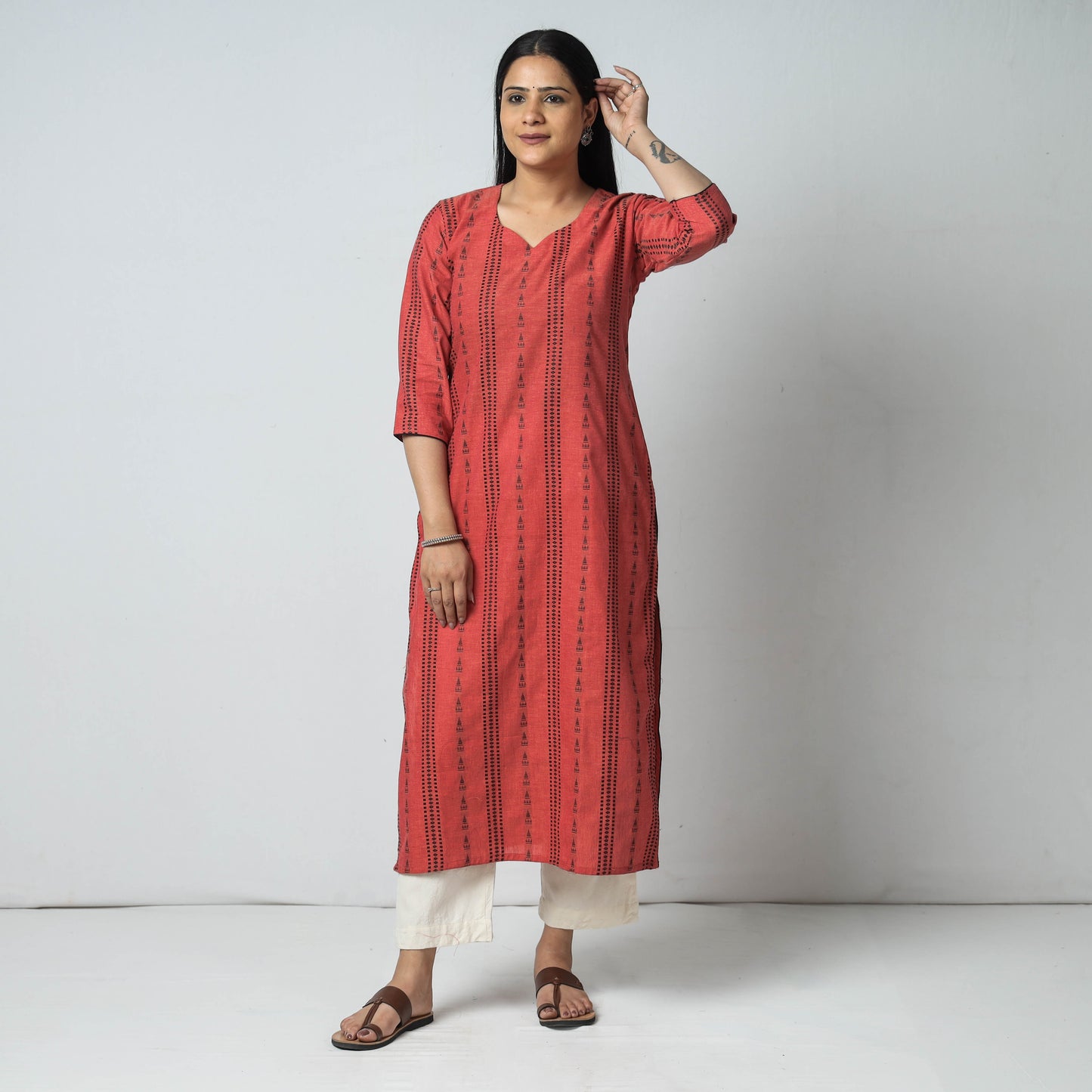 Jacquard Cotton Long Kurta for Women